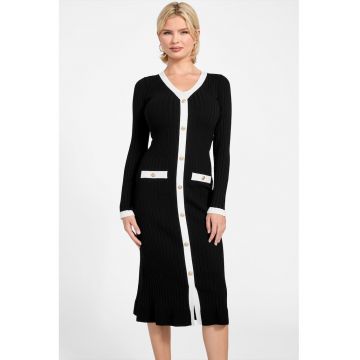 Rochie tricotata cu decolteu in V si nasturi - Alb/Negru