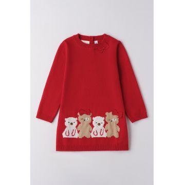 Rochie tricotata cu detalii grafice - Rosu/Alb/Maro deschis