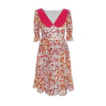 Rochie vaporoasa cu model floral Claudine - Rosu/Verde/Alb optic