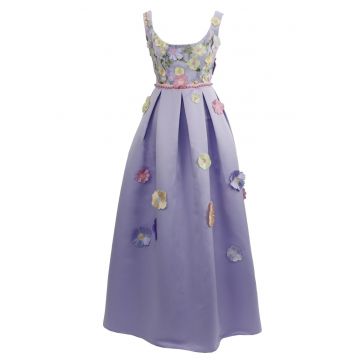 Rochia mov lavandă lungă de seară cu flori 3D ROWENA