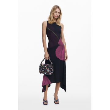 Rochie asimetrica cu model floral - Negru/Violet