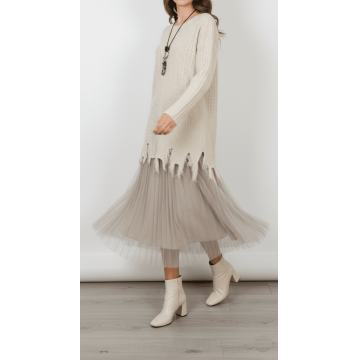 Rochie Bej,  suprapusa din tul plisat cu plover modern franjurat