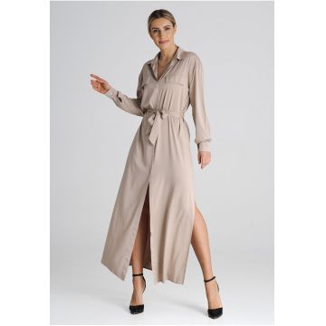Rochie camasa bej  M1000 - eleganta - confortabila - din poliester si elastan