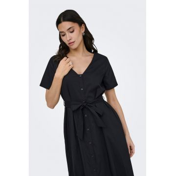 Rochie-camasa cu decolteu in V si cordon in talie - Negru