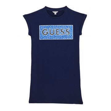 Rochie cu decolteu la baza gatului si imprimeu logo - Bleumarin