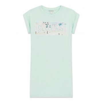 Rochie cu decolteu la baza gatului si imprimeu logo - Verde pal