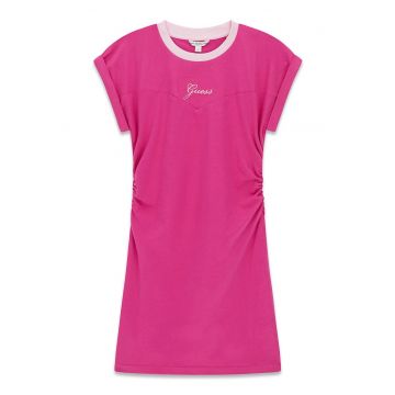 Rochie cu decolteu la baza gatului si maneci scurte - Fucsia