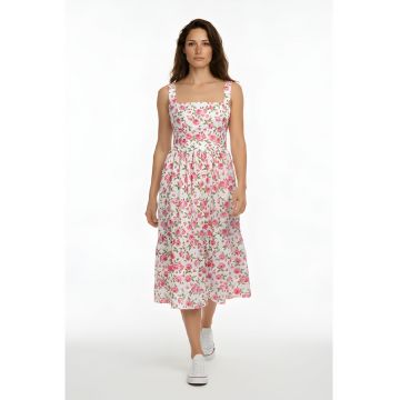 Rochie cu decolteu patrat si model floral Maxime - Roz