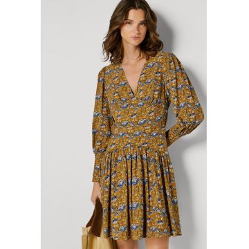 Rochie cu maneci bishop si model floral Avi - Maro/Bleumarin