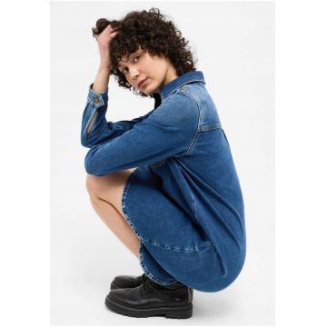 Rochie Dama -  Aloha Henley Dress - Regular Fit - Cu Guler - Maneci Lungi - Denim Accent - Nasturi - Bumbac - UE - Albastru - Albastru