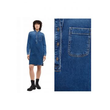 Rochie Dama -  Aloha Henley Dress - Regular Fit - Cu Guler - Maneci Lungi - Denim Accent - Nasturi - Bumbac - UE - Albastru - Albastru