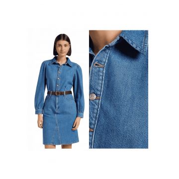 Rochie Dama -  Long Sleeve Dress - Regular Fit - Cu Guler - Maneci Lungi - Denim Accent - Nasturi - Bumbac - Albastru - Albastru