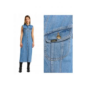 Rochie Dama -  Long Slim Dress - Regular Fit - Cu Guler - Fara Maneci - Denim Accent - Nasturi - Bumbac - S INTL - Albastru
