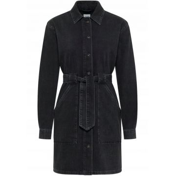 Rochie Dama -  Style Alba Denim Dress - Regular Fit - Cu Guler - Maneci Lungi - Denim Accent - Nasturi - Bumbac - 36 UE - Negru