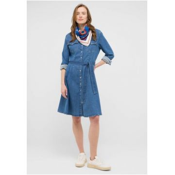 Rochie Dama -  Style Elisa Denim Dress - Regular Fit - Cu Guler - Maneci Lungi - Denim Accent - Nasturi - Bumbac - Albastru - Albastru