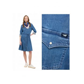 Rochie Dama -  Style Elisa Denim Dress - Regular Fit - Cu Guler - Maneci Lungi - Denim Accent - Nasturi - Bumbac - Albastru - Albastru