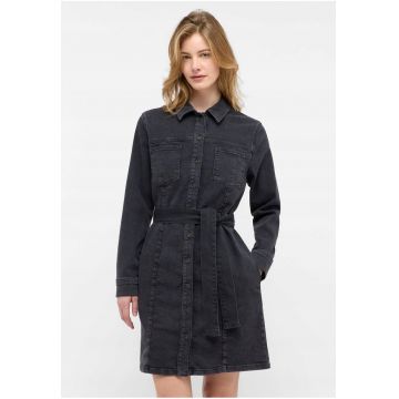 Rochie Dama -  Style Elmira Dress - Regular Fit - Cu Guler - Maneci Lungi - Denim Accent - Nasturi - Bumbac - UE - Negru - Negru