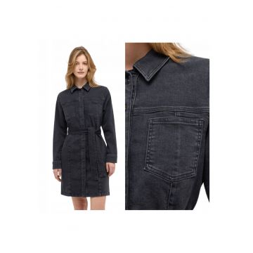 Rochie Dama -  Style Elmira Dress - Regular Fit - Cu Guler - Maneci Lungi - Denim Accent - Nasturi - Bumbac - UE - Negru - Negru