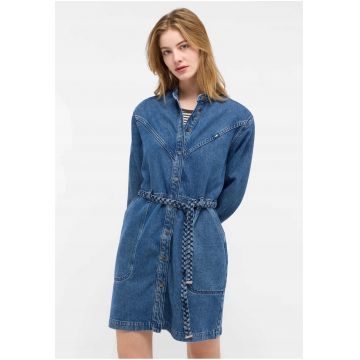 Rochie Dama -  Style Paola Dress - Regular Fit - Cu Guler - Maneci Lungi - Denim Accent - Nasturi - Bumbac - UE - Albastru - Albastru