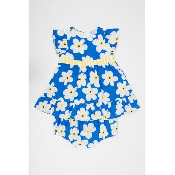 Rochie de bumbac cu model floral - Galben deschis/Albastru royal/Alb murdar