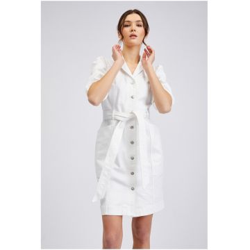 Rochie de denim cu maneci bufante si cordon in talie - Alb