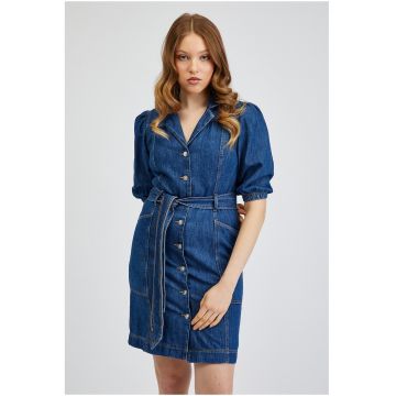 Rochie de denim cu maneci bufante si cordon in talie - Bleumarin