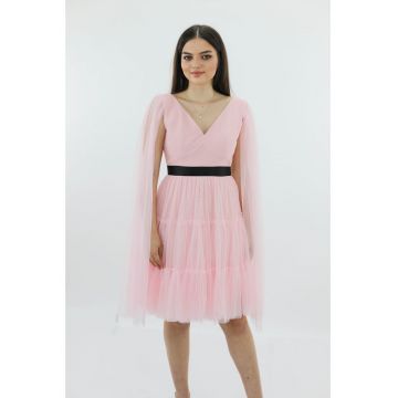 Rochie de seara midi din tul cu centura DARINNA - Roz deschis