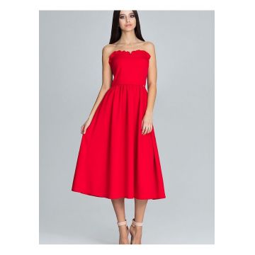 Rochie de seara  rosie - cu corset si volane - din poliester si viscoza