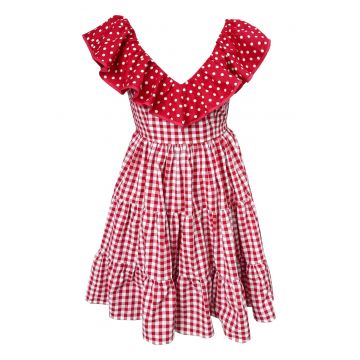 Rochie din poplin cu carouri si buline Minnie - Rosu
