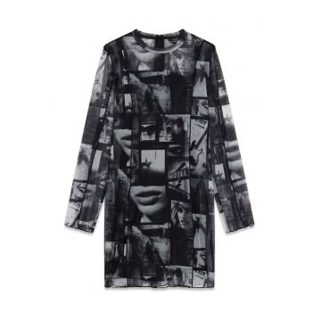 Rochie dreapta cu model grafic - Negru/Alb murdar