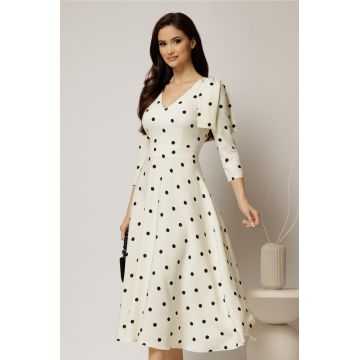 Rochie DY Fashion alba cu buline cu funda pe umar