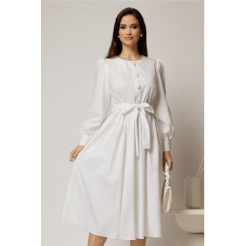 Rochie DY Fashion midi alba din bumbac cu nasturi pe bust si cordon in talie