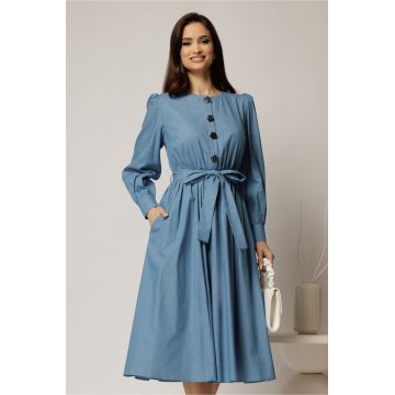 Rochie DY Fashion midi albastra din bumbac cu nasturi pe bust si cordon in talie