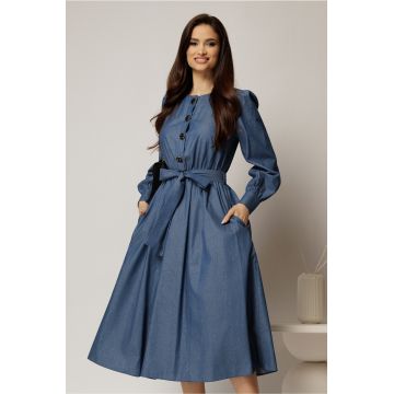 Rochie DY Fashion midi bleumarin din bumbac cu nasturi pe bust si cordon in talie