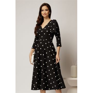 Rochie DY Fashion neagra cu buline albe si funda pe umar