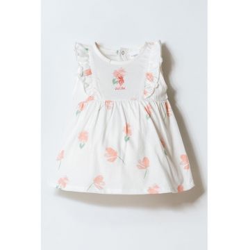 Rochie evazata cu imprimeu floral - Alb/Portocaliu pal/Verde aquamarin