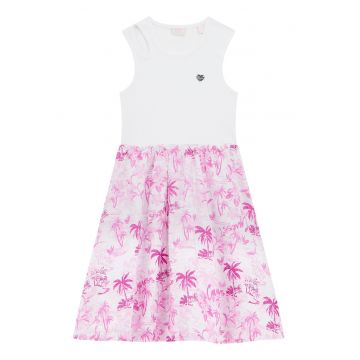 Rochie evazata cu model - Alb/Roz fandango