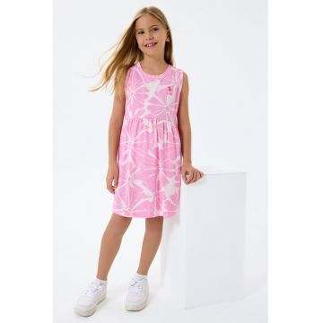 Rochie evazata cu model floral si decolteu rotund - Alb/Roz pastel