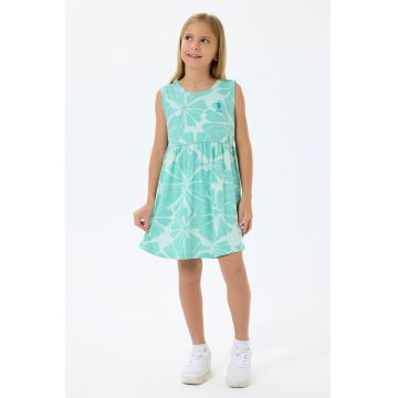 Rochie evazata fara maneci cu model floral - Turcoaz/Alb murdar