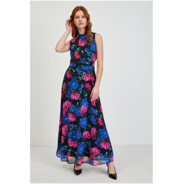 Rochie lunga cu model floral - Negru/Roz/Bleumarin
