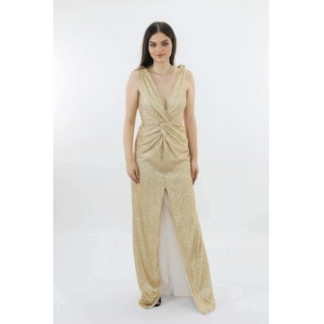Rochie lunga de seara din paiete cu nod BLANCA - Auriu