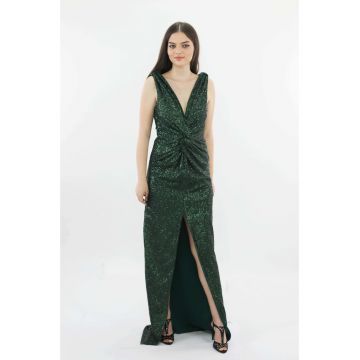 Rochie lunga de seara din paiete cu nod BLANCA - Verde inchis