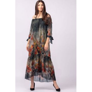 Rochie lunga din matase si vascoza, cu imprimeu pictural floral pe fond negru
