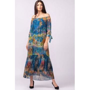 Rochie lunga din matase si vascoza, cu imprimeu pictural in nuante de albastru