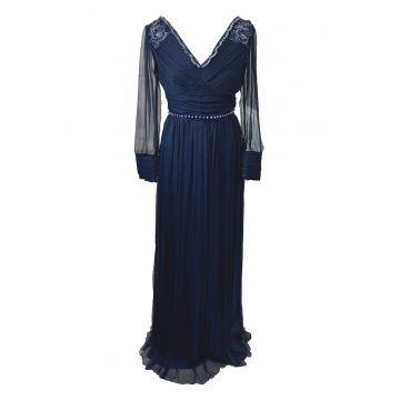 Rochie maxi din matase cu detalii brodate Jacqueline - Bleumarin