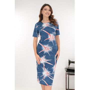 Rochie midi albastra cu print abstract rosu