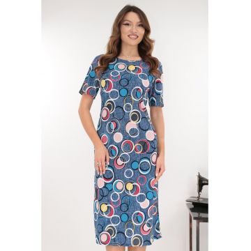Rochie midi albastra cu print geometric multicolor