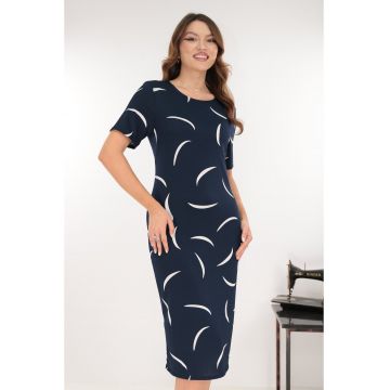 Rochie midi bleumarin cu print abstract alb