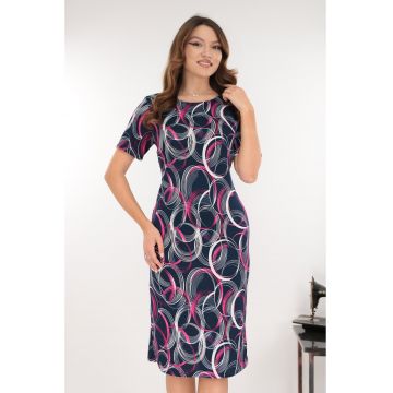 Rochie midi bleumarin cu print abstract roz-alb