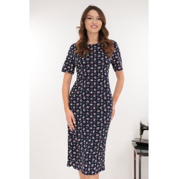 Rochie midi bleumarin cu print floral rosu